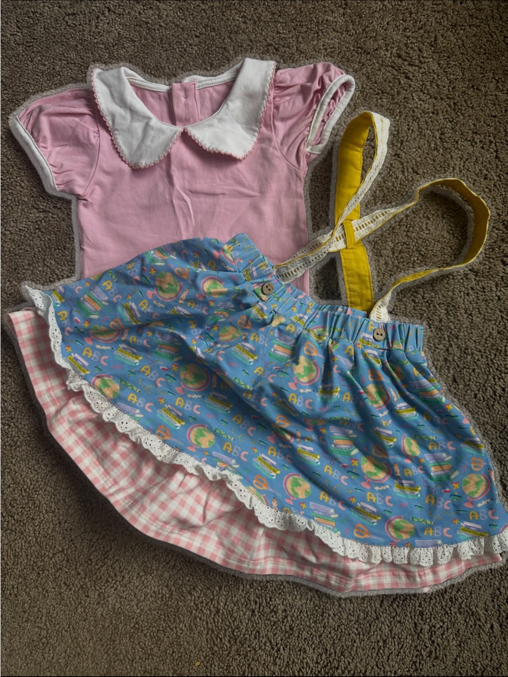 Pink and Blue Girls Matching Set with Yellow Suspenders